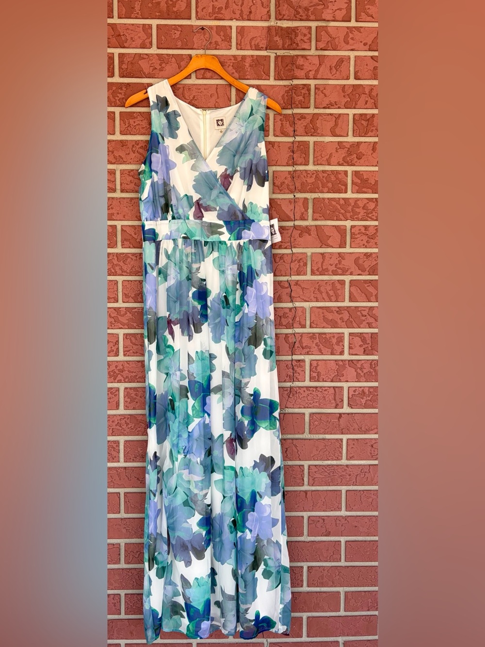 Anne Klein Floral V-Neck Maxi Dress in Blue & Green Tones